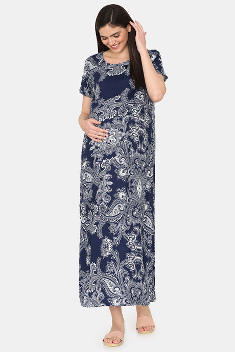 Coucou Maternity Woven Full Length Loungewear Dress With Front Zipper And Discreet Feeding - Blue Depths — image 4